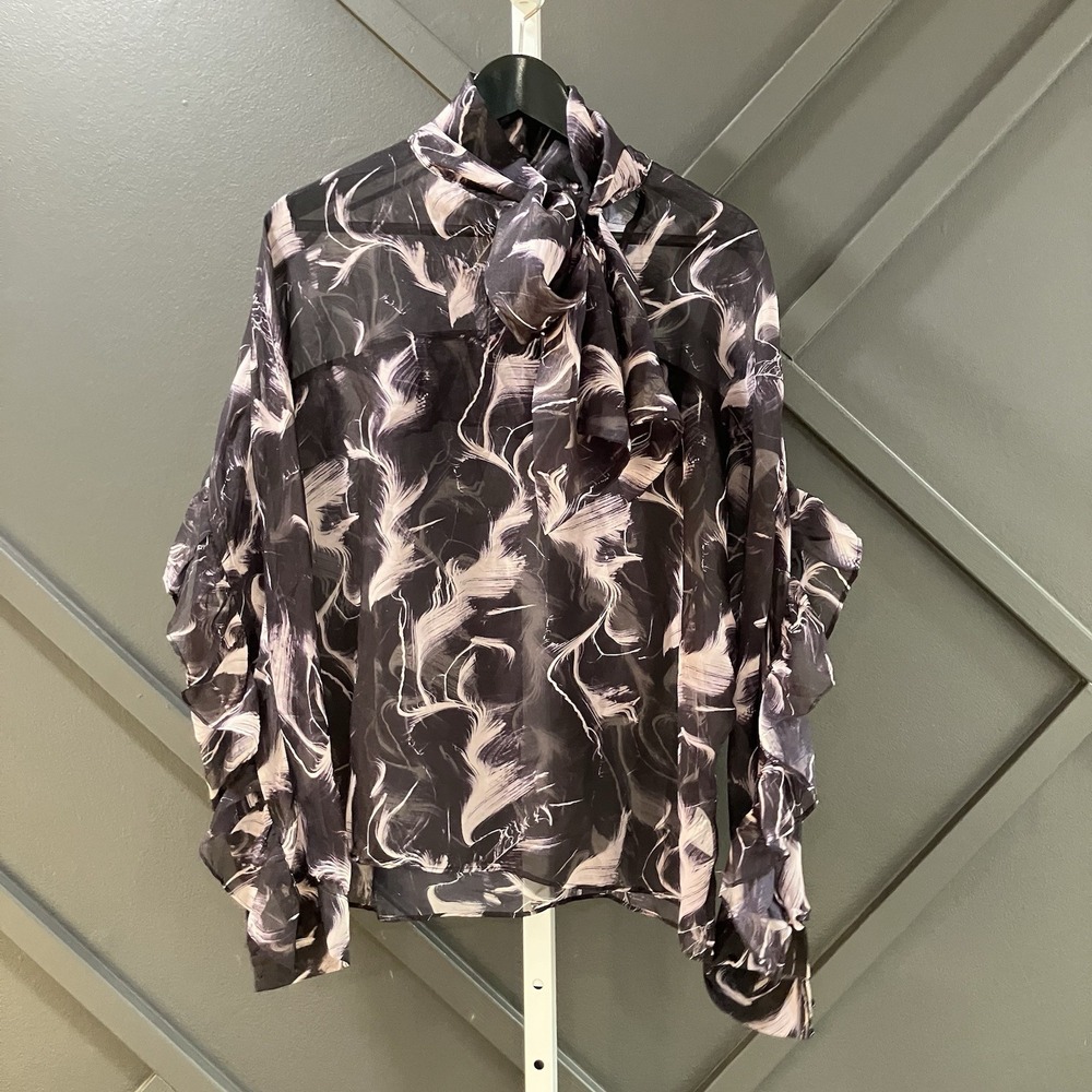 N by Nancy Womens 2XL Black Abstract Feather Print Tie Neck Blouse Top NWT